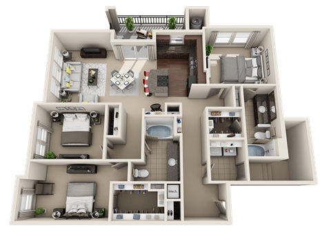 A 3D floor plan of a multi-bedroom apartment with a living room, kitchen, and bathrooms.